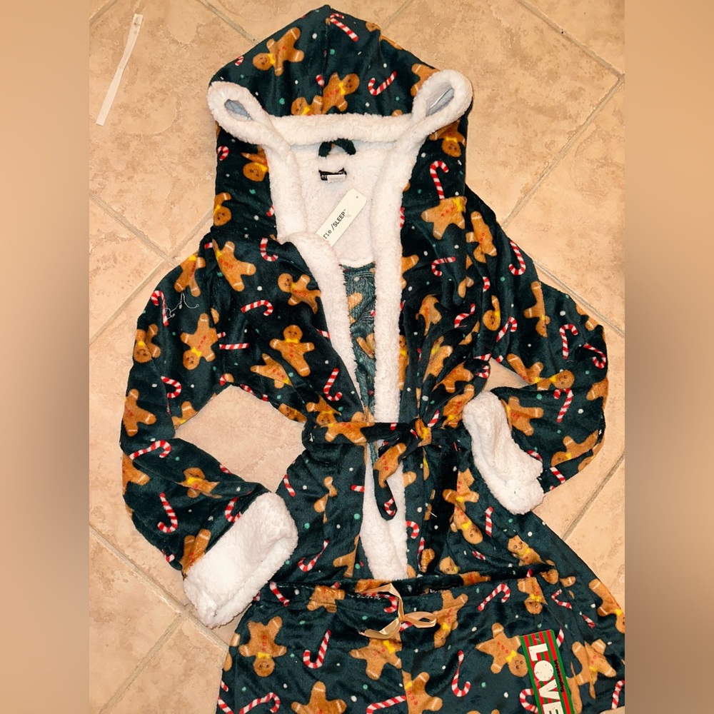 Soft Sherpa Gingerbread Robe & Pants Set Wide Pajamas Christmas Xmas Pjs